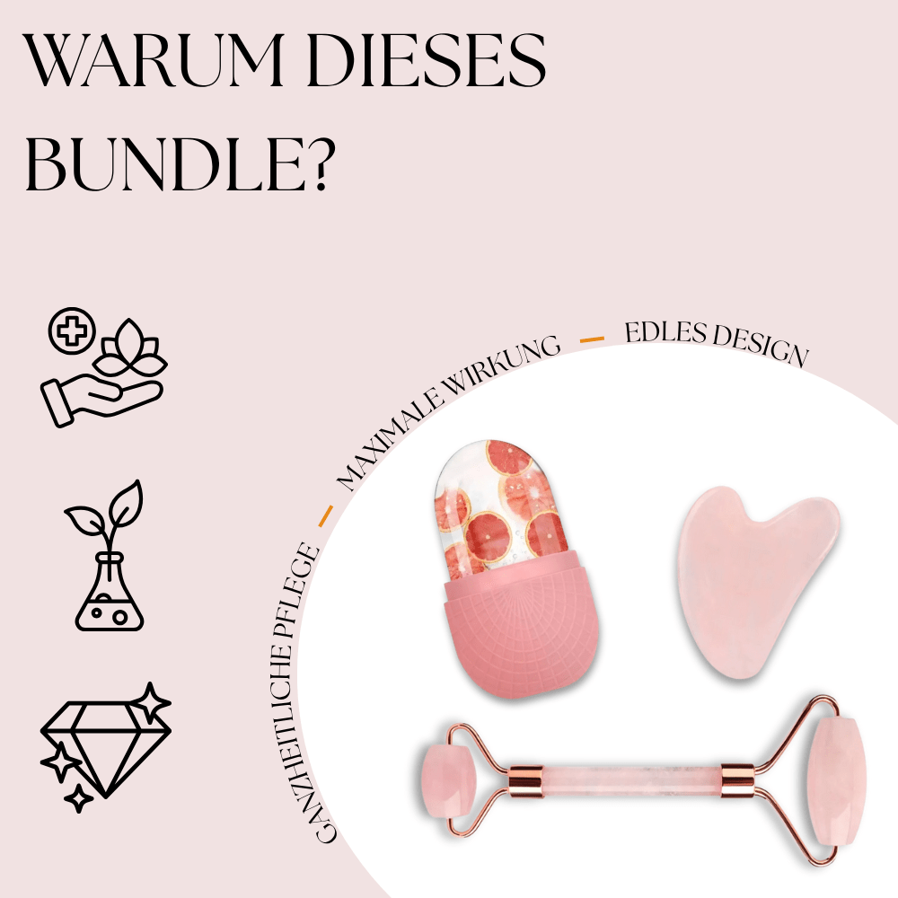 GlowRitual 3in1 Bundle – Gua Sha Set mit Rosenquarz Roller, Massage Stein & Ice Cube für maximale Wirkung & edles Design