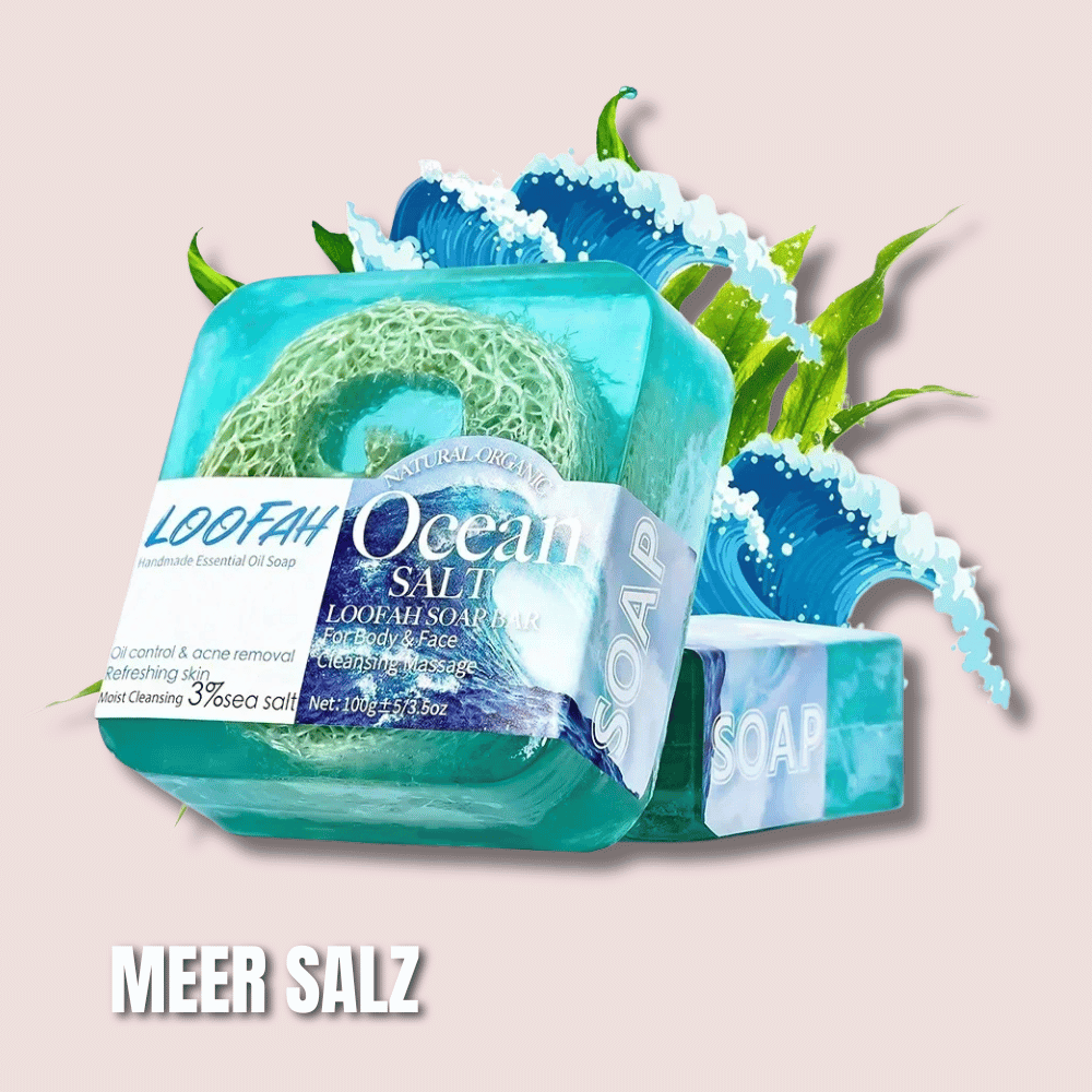 LUMEA GlowBar Meersalz – Handgemachte Luxus-Seife mit Luffa-Faser, reinigend & erfrischend, tiefenwirksames Peeling für Körper & Gesicht