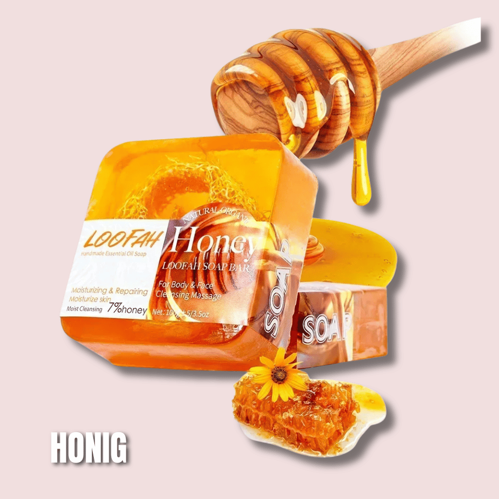 LUMEA GlowBar Honig – Handgemachte Luxus-Seife mit Honig & Luffa-Faser, nährend & feuchtigkeitsspendend, sanftes Peeling für Körper & Gesicht
