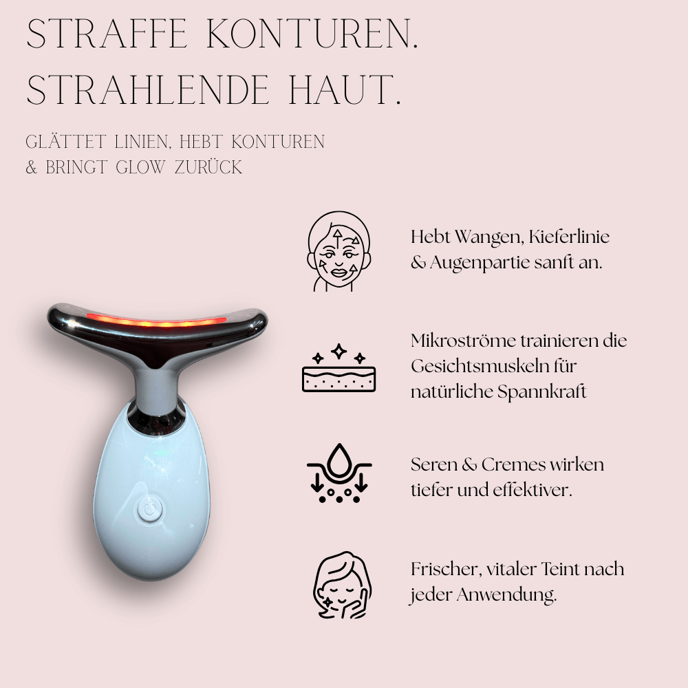 EMS Lifting Tool aus dem Premium Spa Set 7in1 – strafft Konturen, hebt Wangen & Kieferlinie, trainiert Gesichtsmuskeln mit Mikroströmen, unterstützt Seren & Cremes für bessere Wirkung, sorgt für frischen, vitalen Teint.