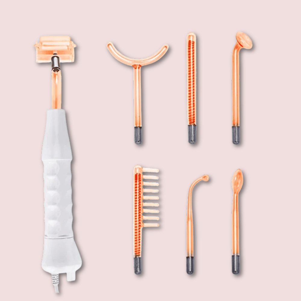 SkinLift Hochfrequenzstab mit 6 Elektrodenaufsätzen – ideal gegen  Falten, feine Linien und Lymphdrainage. Fördert Durchblutung, Hautregeneration und antibakterielle Wirkung. Premium Spa Set 7in1 Zubehör