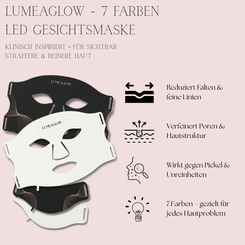 LumeaGlow 7 Farben LED Gesichtsmaske – reduziert Falten & feine Linien, verfeinert Poren & Hautstruktur, wirkt gegen Pickel & Unreinheiten, Lichttherapie für jedes Hautproblem.