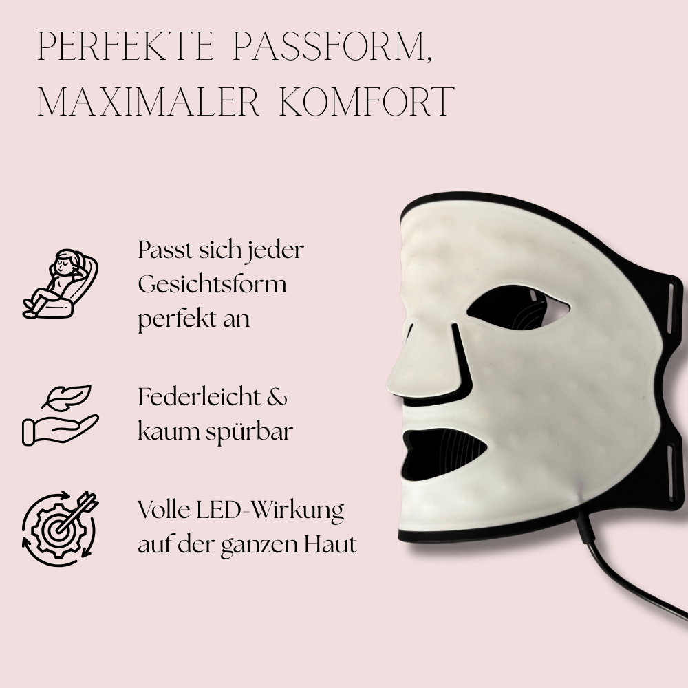 LUMEAGLOW LED Gesichtsmaske – federleicht, passt sich jeder Gesichtsform an und bietet volle LED-Wirkung für Anti-Aging, Hautstraffung und reinen Teint.