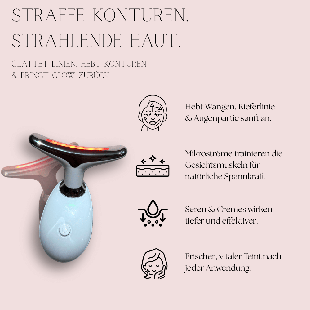 SkinGlow 7in1 EMS Lifting Tool mit LED – straffe Konturen & strahlende Haut. Hebt Wangen & Kieferlinie an, fördert Hautelastizität durch Mikrostrom & verstärkt die Wirkung von Seren.