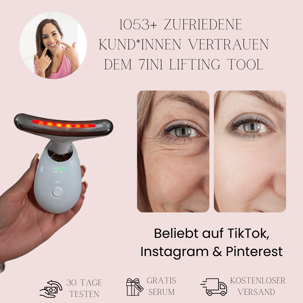 SkinGlow 7in1 EMS Lifting Tool mit LED-Licht – Vorher-Nachher Ergebnis: weniger Falten & straffere Haut. Beliebt auf TikTok, Instagram & Pinterest. Inkl. 30 Tage Test, Gratis Serum & kostenloser Versand.