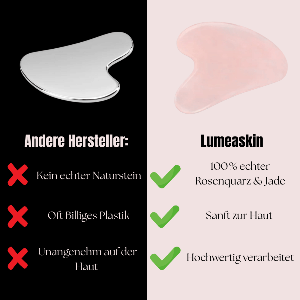 Vergleich GlowRitual Gua Sha Stein vs. andere Hersteller – 100% echter Rosenquarz & Jade, hochwertig verarbeitet und sanft zur Haut im Gegensatz zu Plastik-Produkten