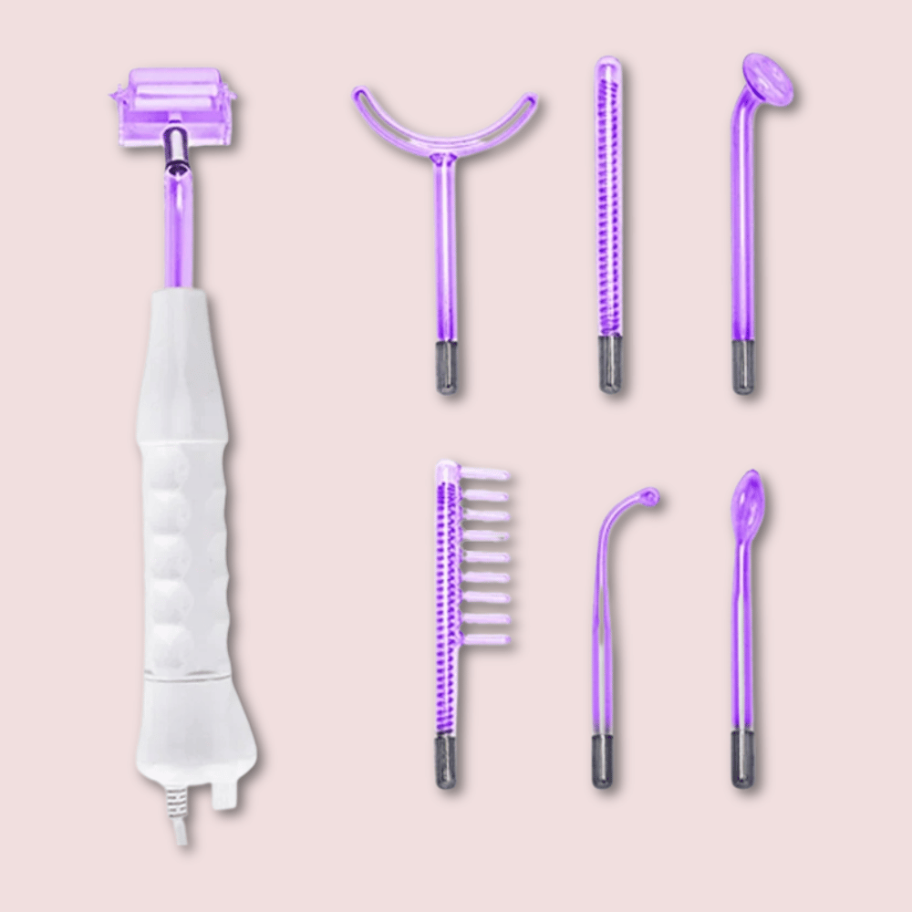 SkinLift Hochfrequenzstab mit 6 lila Elektroden – antibakterielle Plasma-Therapie gegen Pickel, Akne und Entzündungen. Fördert Hautregeneration, reduziert Falten & unterstützt Anti-Aging.